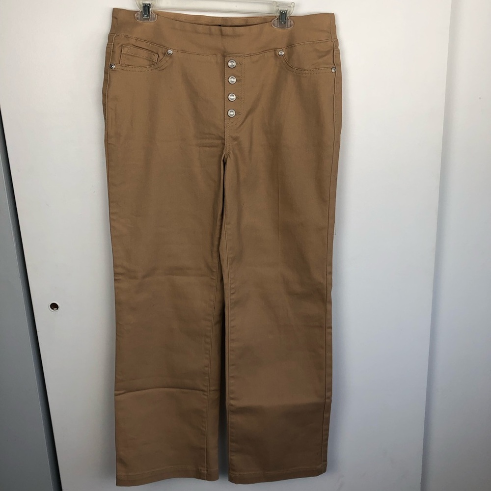 DG2 Stretch pull on Faux Button Front Wide-Leg Trouser Jeans Petite Large Tan